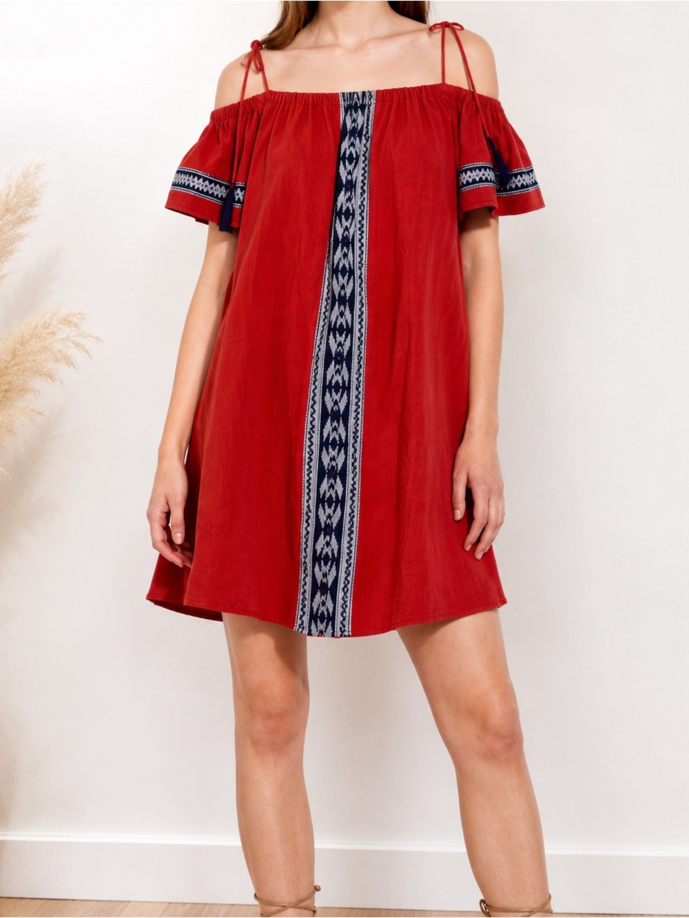 THML Red Embroidered Off Shoulder Boho Mini Dress